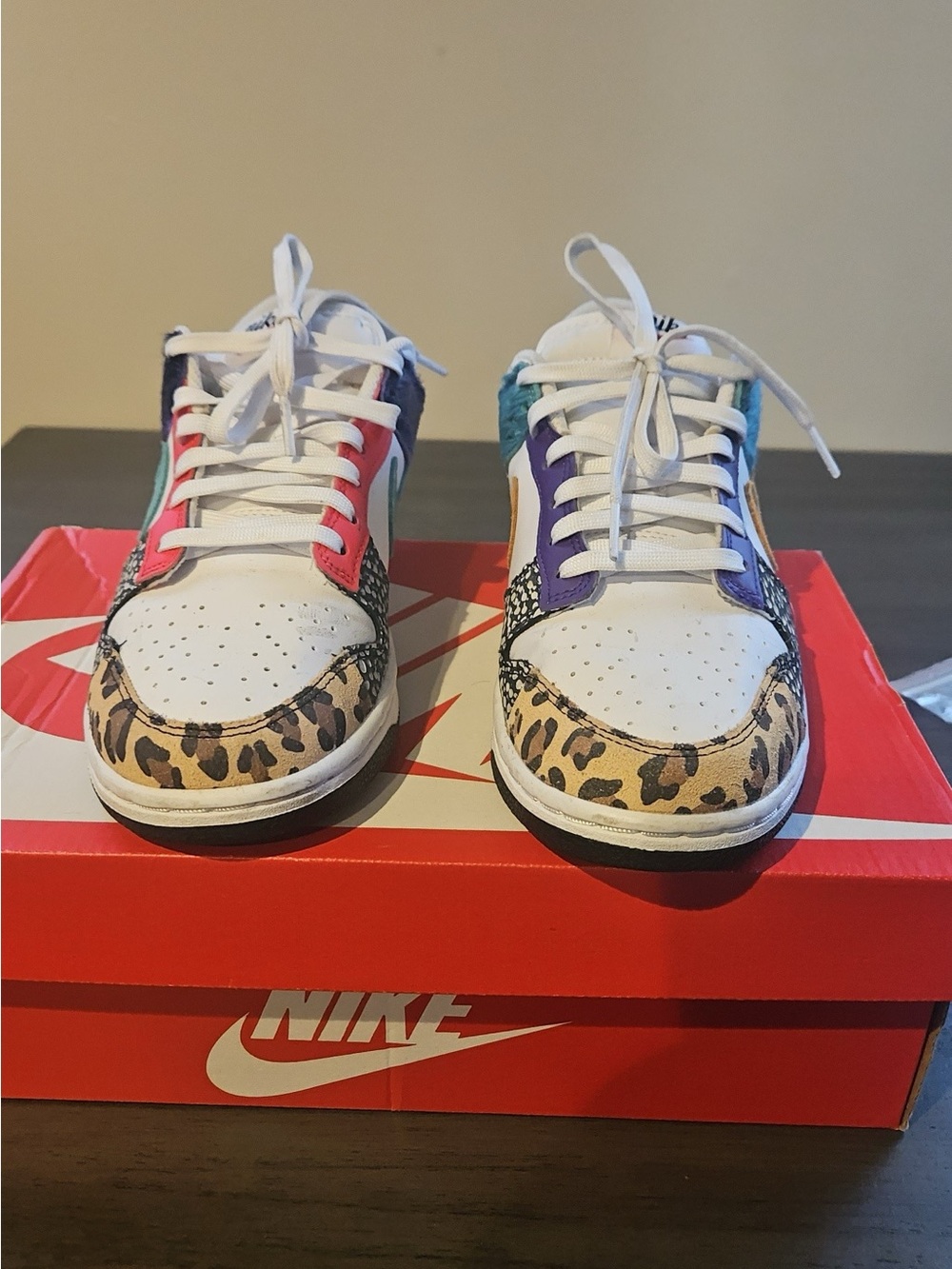 Nike Kids White Sneakers with Leopard Toe and Multicolor Panels
